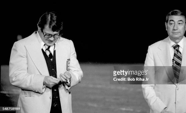 Sports broadcasters Alex Karras and Howard Cosell before game action of Los Angeles Rams against Pittsburgh Steelers, December 20, 1975 in Los...