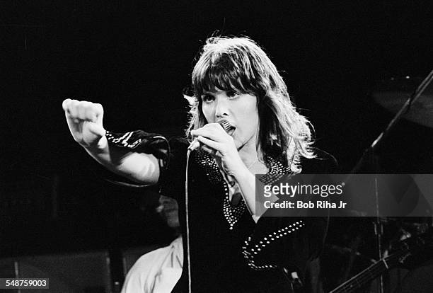American musician Ann Wilson of the rock group Heart performs onstage at the Universal Amphitheatre, Los Angeles, California, July 15, 1977.