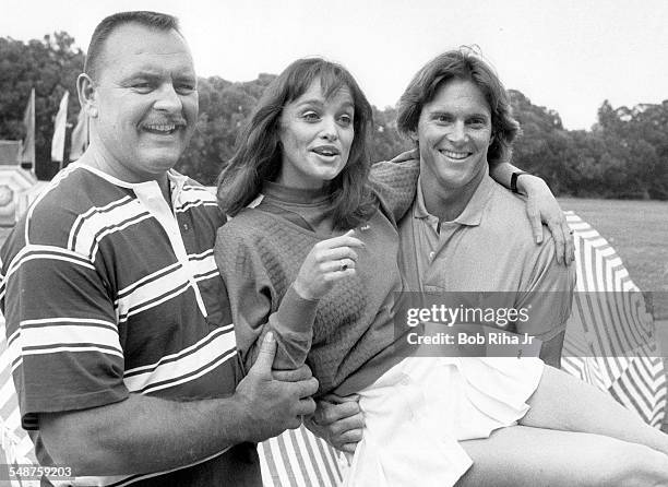 The hosts of the television show 'Star Games' pose beside the pool at the University California, Santa Barbara, California, June 15, 1985. Pictured...