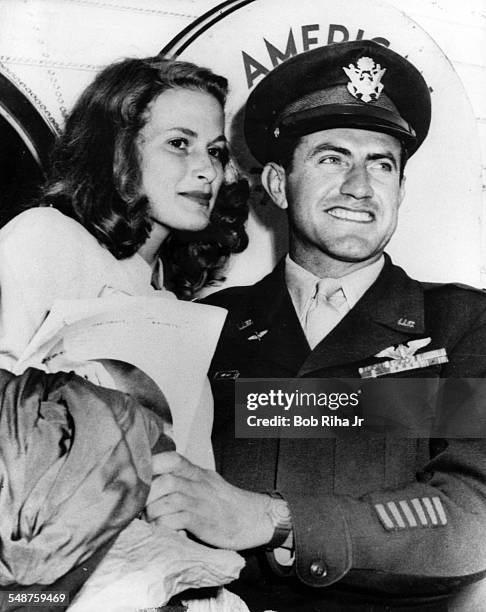 Portrait of American bombardier Lt Louis Zamperini and his fiance, Cynthia Applewhite, mid 1940s. The couple married in 1946.