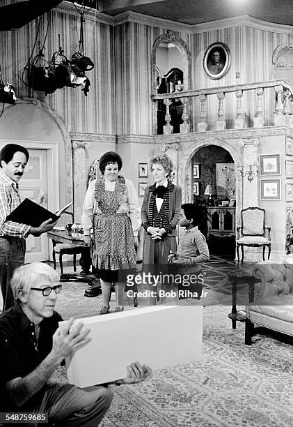 View of actress Mary Jo Carlett , American First Lady Nancy Reagan, and actor Gary Coleman on the set of the television show 'Diff'rent Strokes' as...