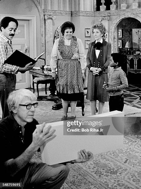 View of actress Mary Jo Carlett , American First Lady Nancy Reagan, and actor Gary Coleman on the set of the television show 'Diff'rent Strokes' as...