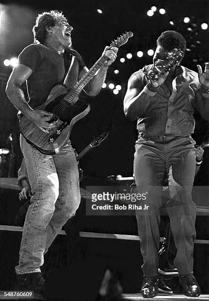 Bruce Springsteen and Clarence Clemons with E Street Band perform at Los Angeles Sports Area during the ‘Born in the U.S.A. Tour’, October 25, 1984...