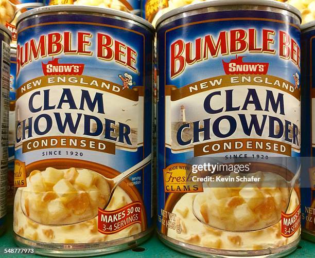 Bumblebee brand New England style Clam Chowder, prepared soup in a can, traditional American meal