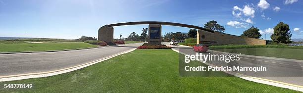 The Henley Gate, entrance to UC Santa Barbara. A banner on the gate congratulates Shuji Nakamura for winning the 2014 Nobel Prize in Physics. Gate is...