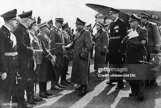Germany Free State Prussia Berlin : Representatives of Nazi Germany welcome Italian Foreign Minister Count Galeazzo Ciano at Tempelhof Airport who...
