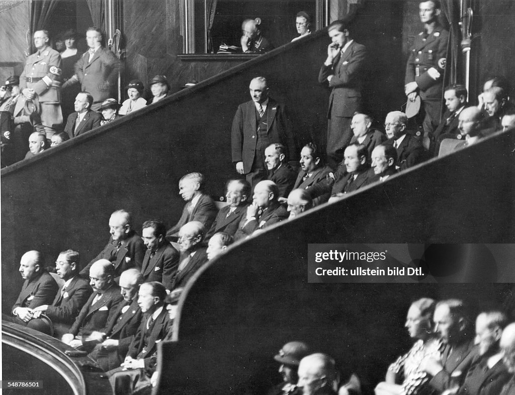 Germany Free State Prussia Berlin : View of the diplomats box in the Reichstag during Hitler's speech about compulsory military service; first row from the right: Sir Eric Phipps (Great Britain), Vittorio Cerruti (Italy), Andre Francois-Poncet (Franc
