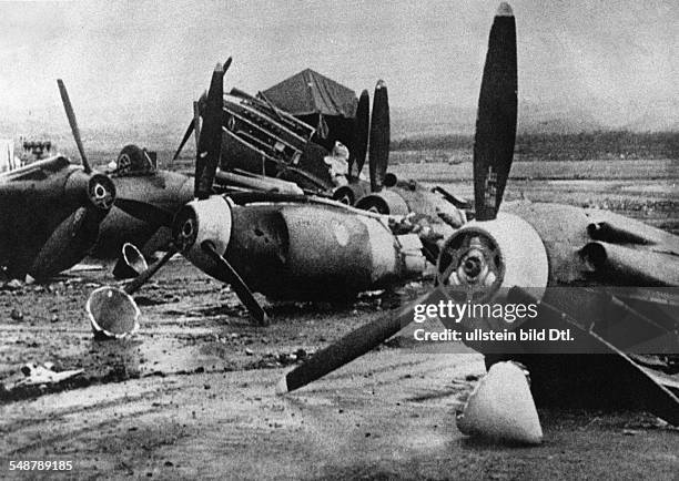 Attack on Pearl Harbor by the Imperial Japanese Navy on December 7, 1941 Destroyed Curtiss P-40 Warhawk aircraft at the Wheeler Field, Hawaii, USA.