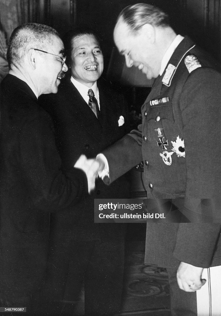 Germany Free State Prussia Berlin : German-Japanese Alliance in WW II Reception of the Japanese foreign minister Matsuoka in the Japanese embassy, Berlin: Matsuoka (left) shaking hands with German field marshal Albert Kesselring; center: Japanese emb