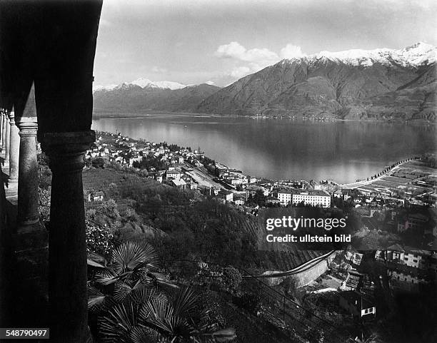 Switzerland Ticino Locarno View of the pilgrimage church on the city Locarno - ca. 1925 - Photographer: Alfred Gross - Published by: 'Zeitbilder'...