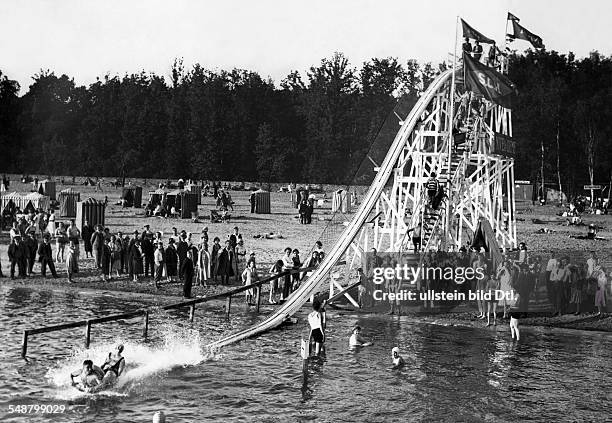 Germany Free State Prussia Brandenburg Province The seaside resort Rangsdorf; the big water slide - about 1931 - Photographer: Alfred Gross Vintage...