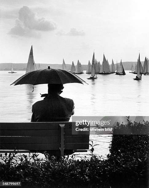 Bodensee: Mann mit Regenschirm sieht einer Regatta zu - 1969 Fotograf: Lauterwasser