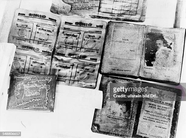 World War, Soviet Union, Katyn massacre 1940: exhumation of corpses by a german guided investigation commission, Identitiy card, passbook and...
