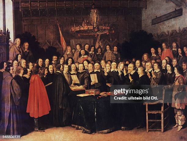 Peace of Westphalia: The swearing of the oath of ratification of the treaty of Münster on 24.10.1648 - painting by Gerard Ter Borch
