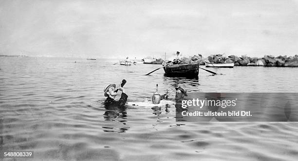 Italy Lazio 1870-/1861-70 Stato Pontifico / Papal State : 'Breakfast in the Tiber river...' - two men mounting a meal with a swimming cover in the...