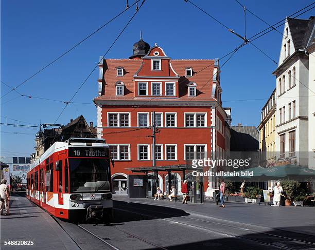 Germany, Halle , Saxony-Anhalt, market place with Marktschloesschen, renaissance building, patrician house, seat of the tourists office, tram