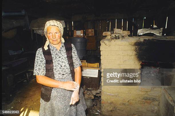 Romania: Local people in the village of Logic. A woman in her kitchen with a oven.