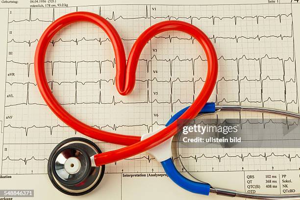 Symbolic photo heart attack, heart disease, heart-shaped stethoscope on a med. Cardiogram