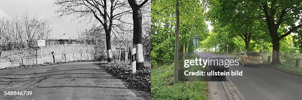 Germany Berlin Reinickendorf - left: Berlin wall at Luebars, Blankenfelder Chaussee - 1982 right: ehemaliger Mauerverlauf an der Blankenfelder...