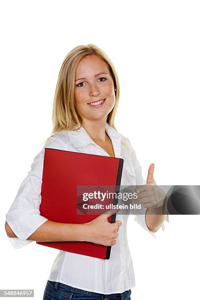 Young woman with application file -