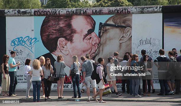 Germany Berlin Friedrichshain - 'Der Bruderkuss' between Brezhnev and Honecker by Dmitry Vrubel on the former Berlin Wall at the East Side Gallery -