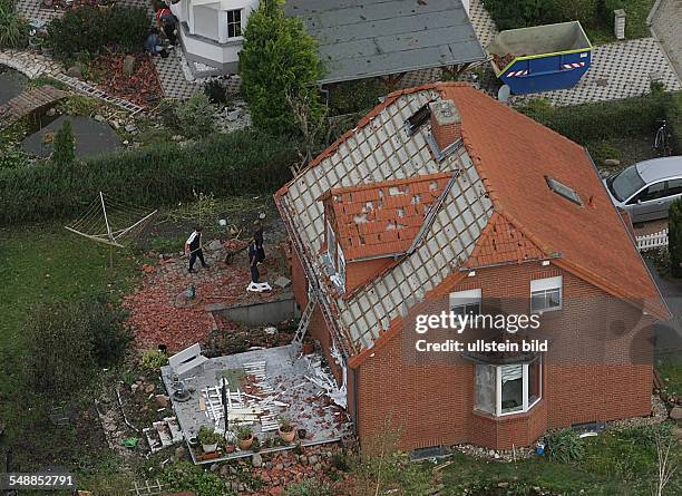 Germany Saxony-Anhalt - tornado was damaging roofs , aerial view