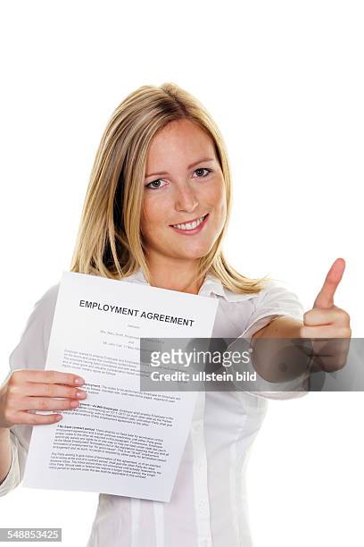 Young woman with contract of employment in English -