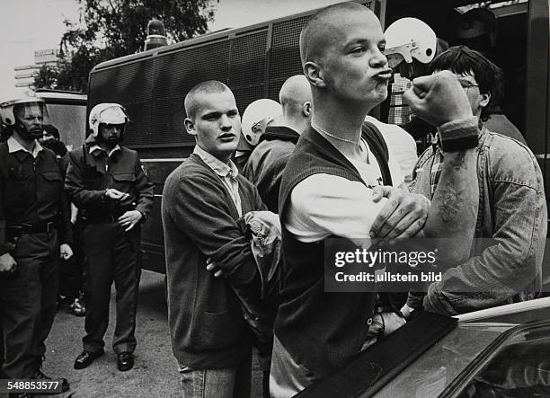 Germany North Rhine-Westphalia Duisburg - Skinheads from the Ruhr Area come together at the central station. These young and drunk Skins get arrested...