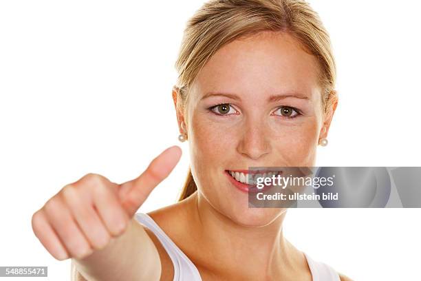 Symbolic photo power, success, woman gesturing -