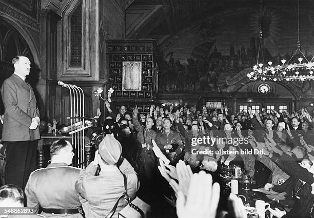 Germany Kingdom Bavaria Munich: Hitler, Adolf - Politician, NSDAP, Germany Adolf Hitler about to deiliver a speech remembering the 21th anniversary...