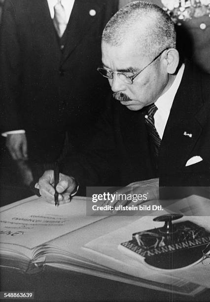 Matsuoka, Yosuke - Politiacian, Japan The japanese foreign minister at Bellevue Palace, the guesthouse of the Reichs government, signing the...