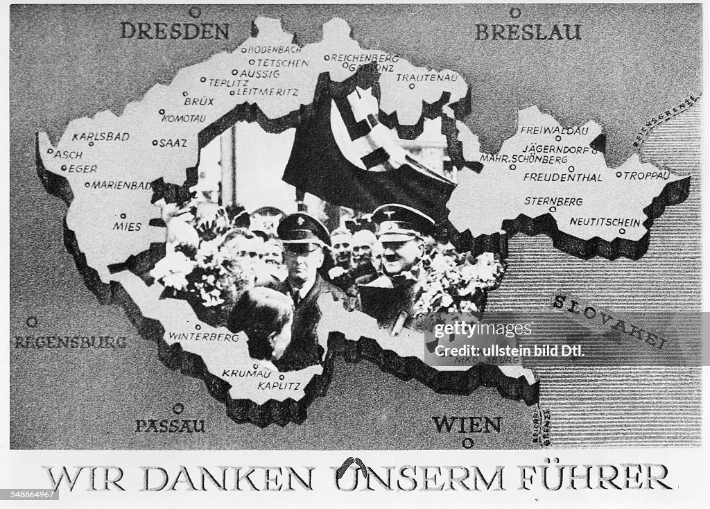 Memorial postcard remembering the election of the Reichstag in the region of the Sudetenland: a map is showing the Sudetenland as part of the German Reich while a portrait of Hitler is occupying the s