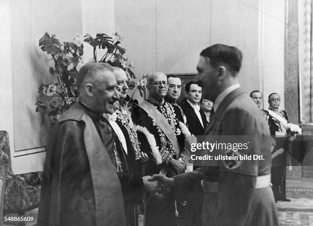 Reception of the Reich government in the New Reich Chancellory: Adolf Hitler talking to the doyen of the diplomatic corps, the Apostolic Nuncio...