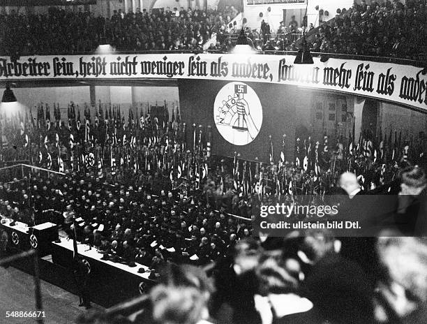 Germany Free State Prussia Berlin Berlin: Rally organized by the NSBO at the Sportpalast in Berlin - on the balustrade a banner is saying 'Being a...