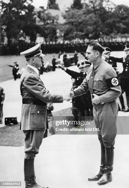 Nuremberg Rally 1938: Rudolf Hess welcoming Adolf Hitler on his arrival for the opening of the party convention in the Luitpold Hall - 1938 -...