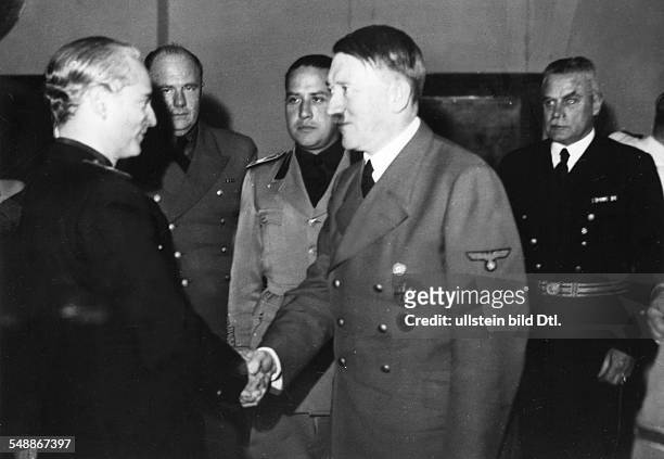 Reception at the Berghof on the Obersalzberg near Berchtesgaden for the foreign ministers of Spain and Italy, Adolf Hitler welcomes Ramon Serrano...