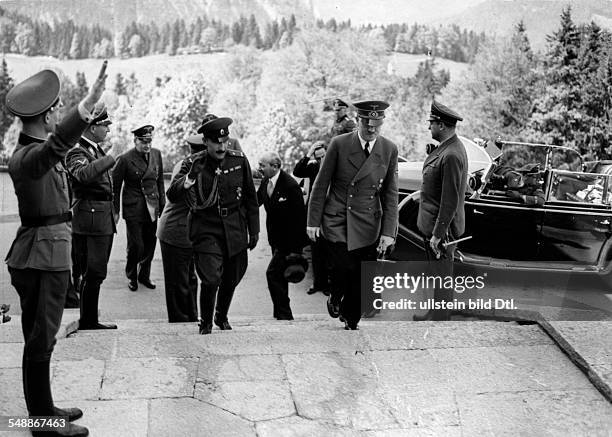 Adolf Hitler and Czar Boris III. Of Bulgaria on the stepts in front of the Hitler's mountain lodge in the region of the Obersalzberg near...