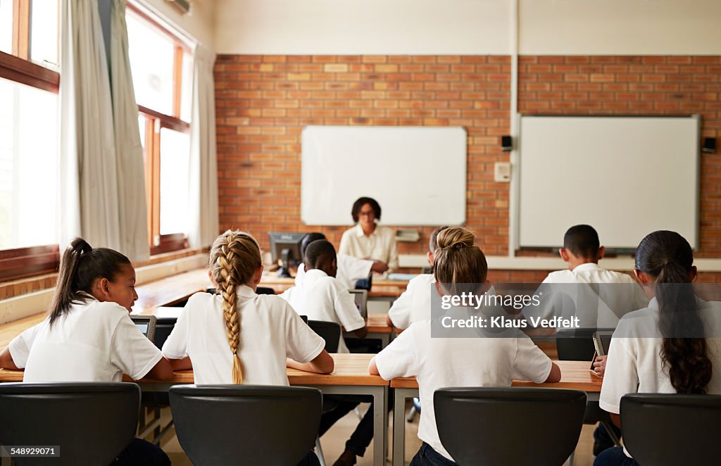 Back view of schoolclass working on tablets