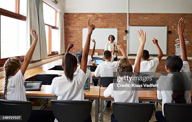 back view of schoolclass with raised hands - arms in air stock pictures, royalty-free photos & images