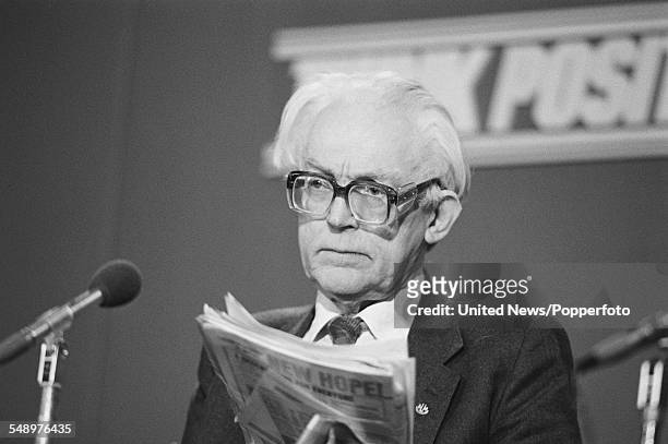 British Labour Party politician and Leader of the Labour Party, Michael Foot pictured at a Labour Party general election press conference in London...
