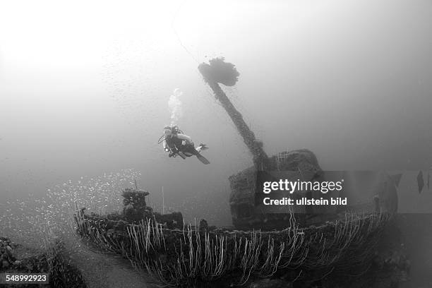 Diver near 5-inch Gun at Destroyer USS Lamson, Marshall Islands, Bikini Atoll, Micronesia, Pacific Ocean