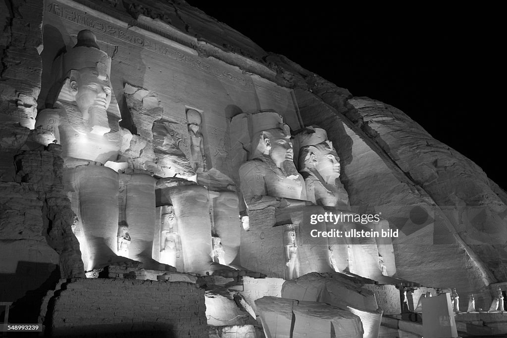Iluminated Great Temple of Pharaoh Ramesses II., Abu Simbel, Egypt