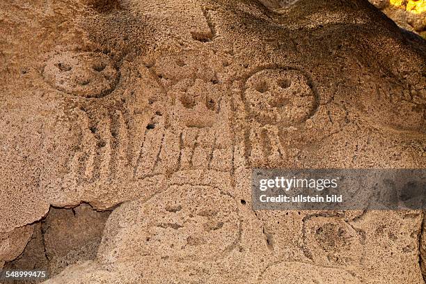 Prehistoric Rock engravings of Taino Culture Caritas de los indios , Isla Cabritos National Park, Lago Enriquillo, Dominican Republic