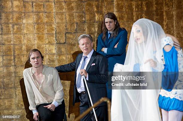 Performance of William Shakespeare's play 'Measure for Measure' in the Schaubühne, Berlin; scene with Lars Eidinger , Gert Voss , Franz Hartwig , and...