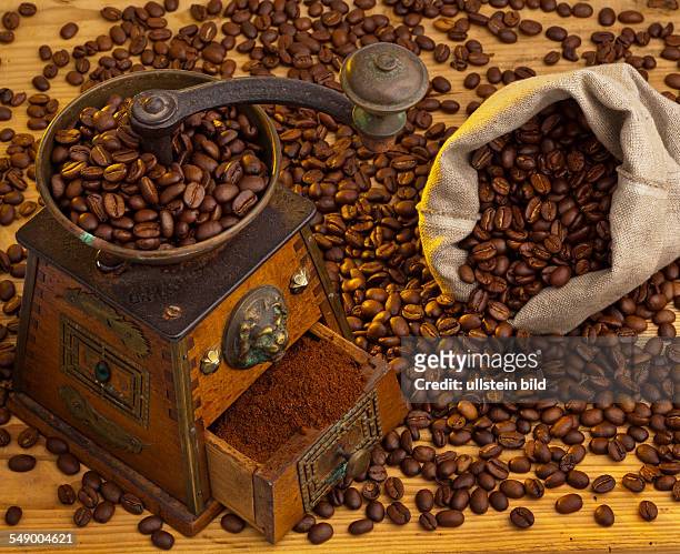 Viele Kaffeebohnen liegen neben einer Kaffeemühle. Frisch gemahlener Kaffee.