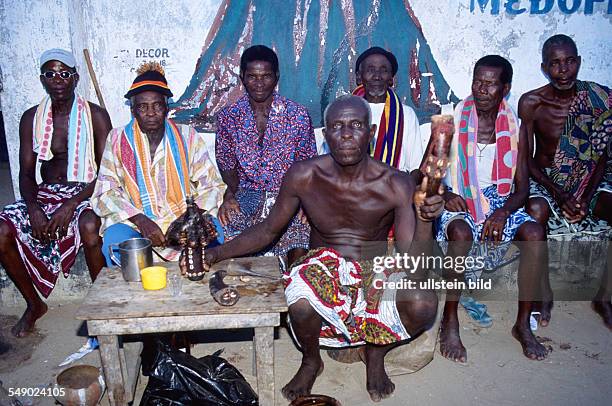 Benin, Grand Popo: The Zangbeto secret society. A magical cult that sweeps the villages and towns of thiers and wrongdoers. Society elders.