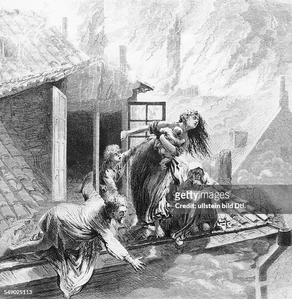 A family escaping on the roof of a burning house