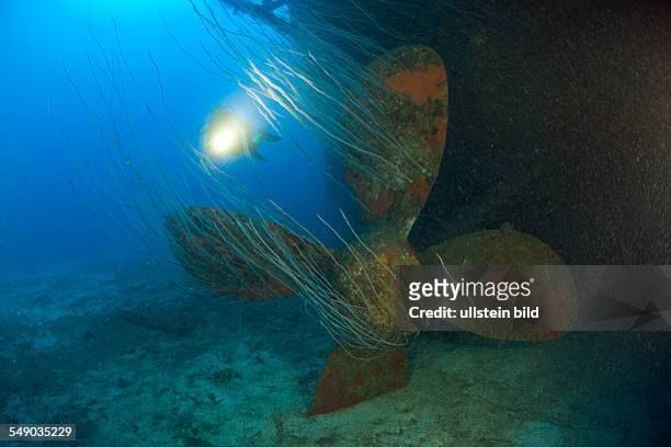 Diver at Propeller of USS Carlisle Attack Transporter, Marshall Islands, Bikini Atoll, Micronesia, Pacific Ocean