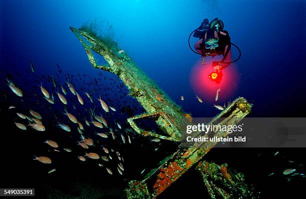 Messerschmidt 109 and scuba diver, Mediterranean Sea, Ile de Planier, Marseille, France