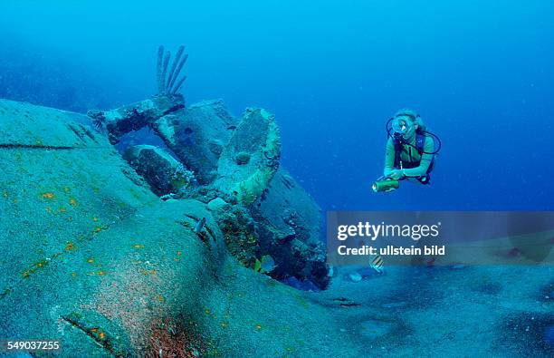 Scuba diver on the Hilma Hooker Ship Wreck, Netherlands Antilles, Bonaire, Caribbean Sea